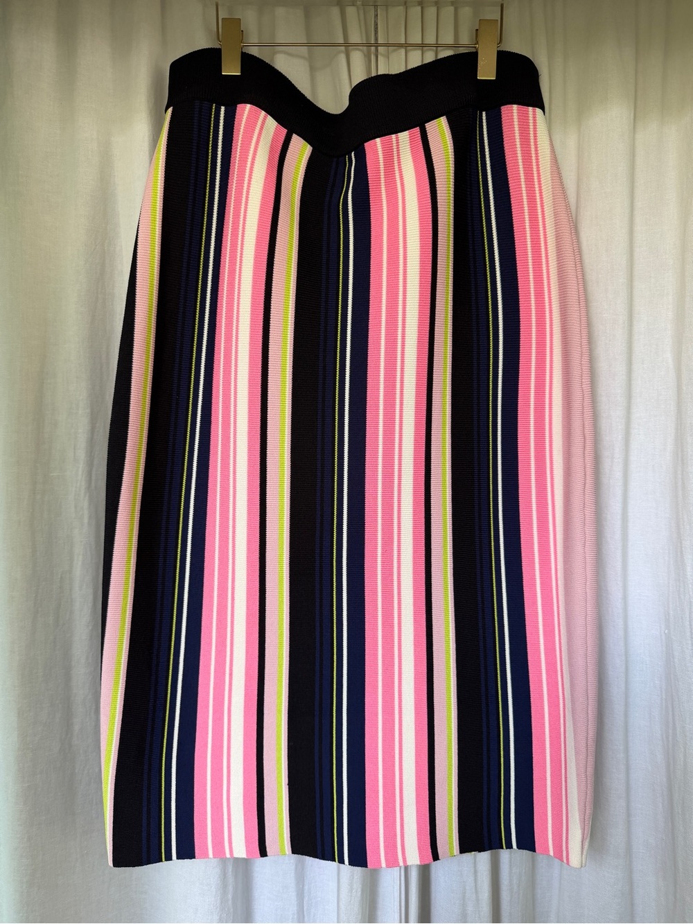 RACHEL Rachel Roy Pink/Navy/Black/Lime Green & White Striped Midi Skirt